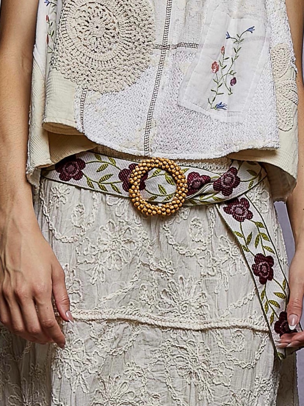 POL Embroidered Floral Woven Belt with Beaded Buckle - NWT